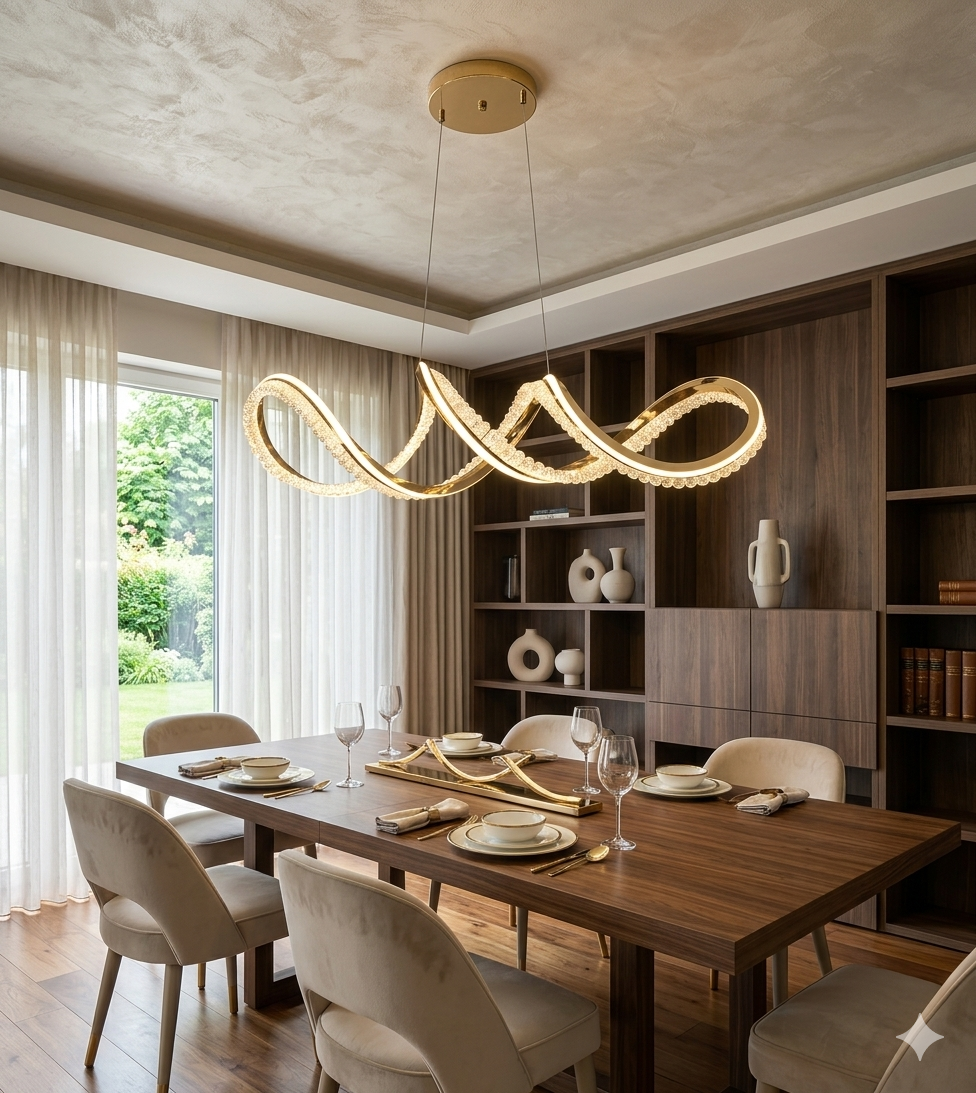 Modern Led "Wave" Or "Ribbon" Chandelier, Finished In Gold With Crystal Detailing